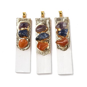 Natural Mixed Gemstone & Selenite Big Pendants, Rectangle Charms with Golden Tone Stainless Steel Findings, 47~54x15~17x11~12mm, Hole: 4x3mm