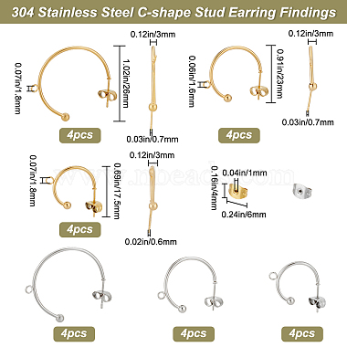 24Pcs 6 Style 304 Stainless Steel C-shape Stud Earring Findings(FIND-BBC0001-53)-2