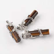 Tube Natural Tiger Eye Pendants, with Dragon Brass Findings, Platinum, 48x15x10mm, Hole: 7x5mm(G-L455-H02)