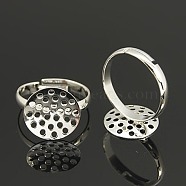 Adjustable 14mm Silver Color Plated Brass Sieve Ring Bases, Lead Free, Cadmium Free and Nickel Free, Adjustable, Size: Ring: 17mm inner diameter, 3mm wide, Round Tray, 14mm in diameter(X-EC163-1S)