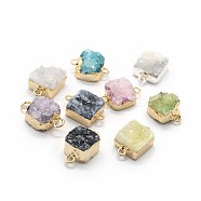 Natural Druzy Quartz Links connectors, with Brass Findings, Square, Mixed Color, 14~18x9~10x6~8mm, Hole: 2mm(G-P396-11G)