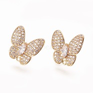 Brass Ear Stud Components, with Cubic Zirconia and Loop, Clear, Butterfly, Real 18K Gold Plated, 15.5x15.5mm, Hole: 1mm, Pin: 0.9mm(KK-G359-11G)