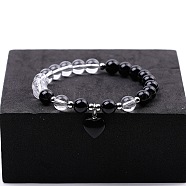 Round Natural Obsidian & Quartz Crystal Beaded Stretch Bracelets, Heart Charm Bracelets for Women(XW2849-3)