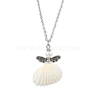 Natural Shell Fairy Pendant Necklace, with 304 Stainless Steel Cable Chains, Stainless Steel Color, 17.91 inch(45.5cm)(NJEW-JN04611)
