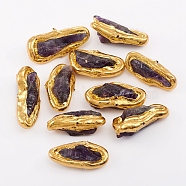 Natural Amethyst Beads, with Golden Plated Brass Edge, Oval, 27~31x11~15x11~12mm, Hole: 0.6mm(G-L543-018G)
