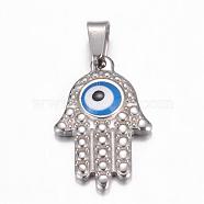 304 Stainless Steel Enamel Pendants, Hamsa Hand/Hand of Fatima/Hand of Miriam with Evil Eye, Stainless Steel Color, 25x16x4mm, Hole: 7x4mm(STAS-P048-01)