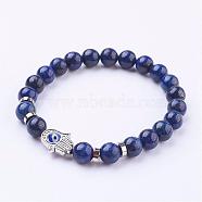 Natural Lapis Lazuli(Dyed) Stretch Bracelets, with Tibetan Style Frame Links and Evil Eye Lampwork Round Bead, Hamsa Hand/Hand of Fatima/Hand of Miriam, 2-1/8 inch(54mm)(BJEW-JB03146-03)