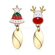 Classic Zinc Alloy Enamel Stud Earrings, Asymmetrical Earrings, Christmas Theme, MilurDeer & Christmas Tree, Golden, 37x13mm(EJEW-BB31889-A)