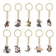 Halloween Theme Alloy Enamel Pendant Keychain, with Iron Split Key Rings, Crow & Cat & Snake with Flower & Moon, Mixed Color, 7.5~8.3cm, 10pcs/set(KEYC-JKC00436)