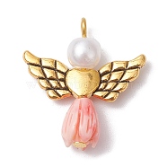 Resin Imitation Pearl Pendants, Rose Angel Charms with Antique Golden Plated Alloy Heart Wings, Misty Rose, 23.5~24x22x6.5mm, Hole: 1.8~2.2mm(PALLOY-JF02565-11)