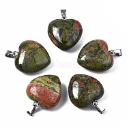 Natural Unakite Pendants, with Stainless Steel Snap On Bails, Heart, Stainless Steel Color, 22x20x9mm, Hole: 6x2mm(G-N0325-12B)