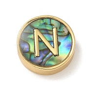 Brass Beads, with Resin Imitation Paua Shell, Flat Round, Real 14K Gold Plated, Letter N, 13.5x4mm, Hole: 1.6mm(KK-U046-17G-N)