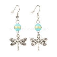 Round Natural Mashan Jade with Alloy Dragonfly Dangle Earrings, Brass Earrings for Women, Turquoise, 50mm, Pin: 0.6mm(EJEW-JE04855-05)