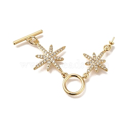 Brass Micro Pave Clear Cubic Zirconia Toggle Clasps, Star, Real 18K Gold Plated, 65mm, Hole: 8mm(KK-M301-21G)