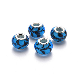 Handmade Lampwork European Beads, Large Hole Rondelle Beads, with Platinum Tone Brass Double Cores, Dodger Blue, 14x9~10mm, Hole: 5mm(LPDL-N001-018-F03)