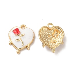 Rack Plating Alloy Enamel Pendants, Golden, Melting Heart with Rose Charm, White, 19x15x4mm, Hole: 1.8mm(ENAM-O050-05G-B)