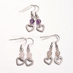 Heart Natural Gemstone Dangle Earrings, with 304 Stainless Steel Earring Hooks, 41mm, Pin: 0.6mm(EJEW-JE01884)