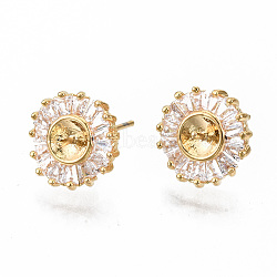 Brass Micro Pave Clear Cubic Zirconia Earring Findings, for Half Drilled Beads, Nickel Free, Flat Round, Real 18K Gold Plated, 11.5mm, Pin: 0.7mm, Pin: 0.7mm(for half drilled beads)(X-KK-S356-130G-NF)