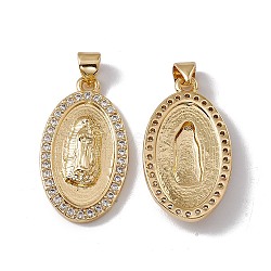 Brass Micro Pave Clear Cubic Zirconia Pendants, Cadmium Free & Nickel Free & Lead Free, Rack Plating, Oval with Virgin Pattern, Real 18K Gold Plated, 27.5x15.5x4mm, Hole: 3x5mm(KK-G439-11G)