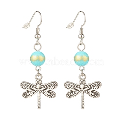 Round Natural Mashan Jade with Alloy Dragonfly Dangle Earrings, Brass Earrings for Women, Turquoise, 50mm, Pin: 0.6mm(EJEW-JE04855-05)