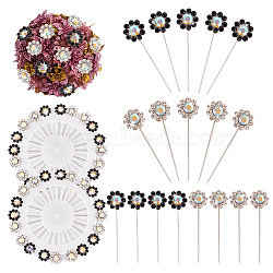 Alloy Rhinestone Flower Long Pins, Corsage Pins, Dress-making Pins, with Plastic Box, Platinum, 44x13mm, Pin: 0.8mm, about 20pcs/box(FIND-WH0111-322)