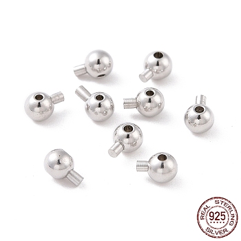 Rhodium Plated 925 Sterling Silver Stopper Beads, Round, Platinum, 4x3mm, Hole: 0.8mm, Pin: 1mm