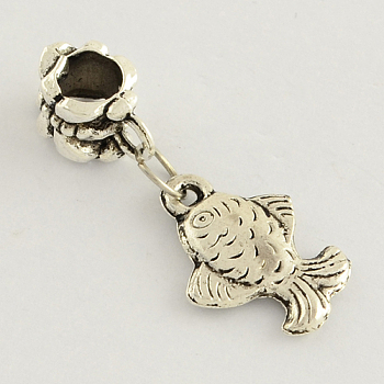 Large Hole Alloy European Dangle Charms, Fish, Antique Silver, 28mm, Hole: 4mm