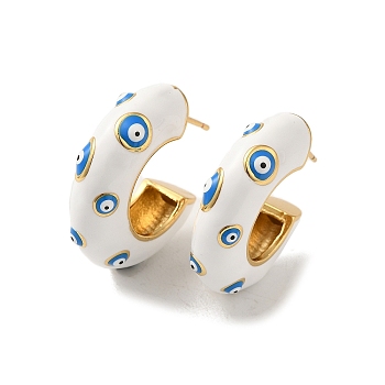 Rack Plated Brass Stud Earrings, Enamel Evil Eye Earrings for Women, Lead Free & Cadmium Free, Long-Lasting Plated, Real 18K Gold Plated, White, 26.5x7.5mm