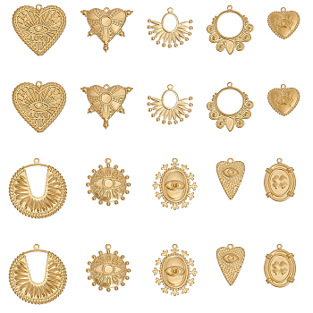 20Pcs 10 Style Brass Pendants, Evil Eye/Heart with Eye/Oval with Clover, Golden, 19~34x18~30x1~3mm, Hole: 1.4~1.6mm, 2pcs/style