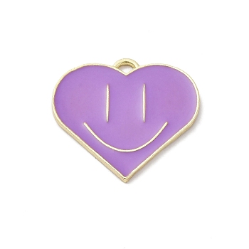 Alloy Enamel Pendants, Golden, Heart with Smiling Face Charms, Medium Purple, 25x26.5x1.5mm, Hole: 2mm