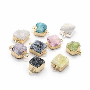 Natural Druzy Quartz Links connectors, with Brass Findings, Square, Mixed Color, 14~18x9~10x6~8mm, Hole: 2mm