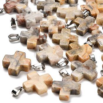 Natural Crazy Agate Pendants, with Stainless Steel Color Plated 201 Stainless Steel Snap on Bails, Cross, 23~24x20x6mm, Hole: 7x4.5mm