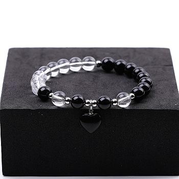 Round Natural Obsidian & Quartz Crystal Beaded Stretch Bracelets, Heart Charm Bracelets for Women