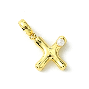 Rack Plating Brass with ABS Plastic Pearl European Dangle Charms, Large Hole Pendants, Long-Lasting Plated, Lead Free & Cadmium Free, Real 18K Gold Plated, Letter X, 25mm long, hole: 5mm, pendant: 17x12x5mm