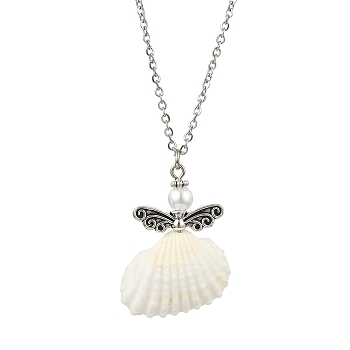 Natural Shell Fairy Pendant Necklace, with 304 Stainless Steel Cable Chains, Stainless Steel Color, 17.91 inch(45.5cm)