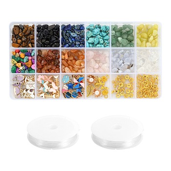 DIY Jewelry Making Kits, 12 Colors Gemstone Chip Beads, 44Pcs Heart & Butterfly & Star Alloy Pendants, 30Pcs Brass Spacer Beads, Brass & Iron Findings, Zinc Alloy Lobster Claw Clasps, Elastic Crystal Thread, Mixed Color, Gemstone Chip Beads: 120g/set