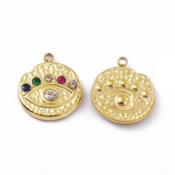 Vacuum Plating 201 Stainless Steel Pendants, with Rhinestone, Real 18K Gold Plated, Flat Round with Eye Charms, Colorful, 16x14x2.6mm, Hole: 1.5mm