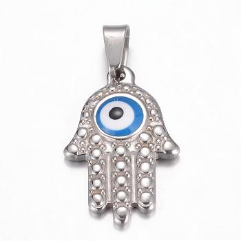 304 Stainless Steel Enamel Pendants, Hamsa Hand/Hand of Fatima/Hand of Miriam with Evil Eye, Stainless Steel Color, 25x16x4mm, Hole: 7x4mm