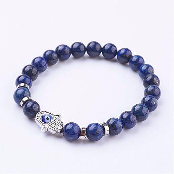 Natural Lapis Lazuli(Dyed) Stretch Bracelets, with Tibetan Style Frame Links and Evil Eye Lampwork Round Bead, Hamsa Hand/Hand of Fatima/Hand of Miriam, 2-1/8 inch(54mm)