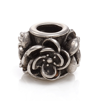 304 Stainless Steel European Beads, Large Hole Beads, Rondelle with Flower, Antique Silver, 13x10mm, Hole: 5mm