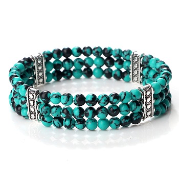 Round Dyed Synthetic Turquoise & Alloy Multi-Strand Beaded Stretch Bracelets for Women Men