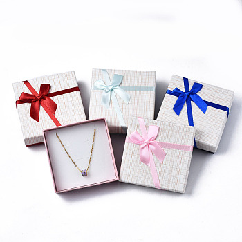 Cardboard Jewelry Set Box, for Necklace, Ring, Earring Packaging, with Bowknot Ribbon Outside and White Sponge Inside, Square, Mixed Color, 9.05x9.05x3.5cm