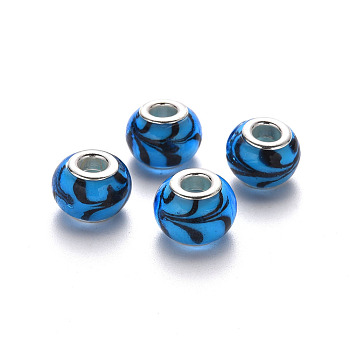 Handmade Lampwork European Beads, Large Hole Rondelle Beads, with Platinum Tone Brass Double Cores, Dodger Blue, 14x9~10mm, Hole: 5mm