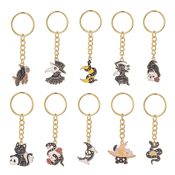 Halloween Theme Alloy Enamel Pendant Keychain, with Iron Split Key Rings, Crow & Cat & Snake with Flower & Moon, Mixed Color, 7.5~8.3cm, 10pcs/set