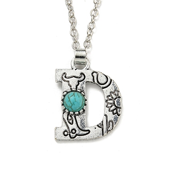 Letter A~Z Antique Silver Plated Alloy with Synthetic Turquoise Pendant Necklace, with Iron Cable Chains, Letter D, 18.70 inch(475mm), Letter D: 26x19.5mm