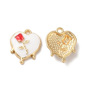 Rack Plating Alloy Enamel Pendants, Golden, Melting Heart with Rose Charm, White, 19x15x4mm, Hole: 1.8mm