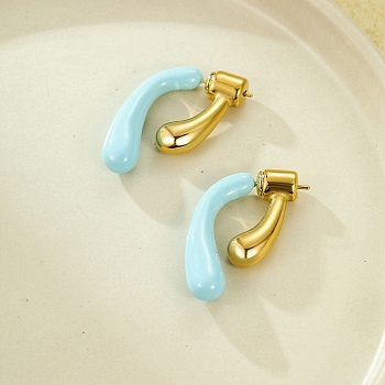 304 Stainless Steel Stud Earrings, with Enamel, Real 18K Gold Plated, Light Sky Blue, 27.5x6.5mm