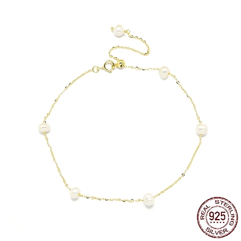 Natural Freshwater Pearls Beaded Link Bracelets, with 925 Sterling Silver Cable Chain Bracelets for Women, Real 14K Gold Plated, 9-1/2 inch(24cm)