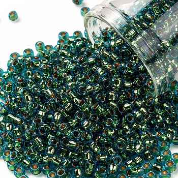 TOHO Round Seed Beads, Japanese Seed Beads, (756) 24K Gold Lined Aquamarine, 8/0, 3mm, Hole: 1mm, about 10000pcs/pound