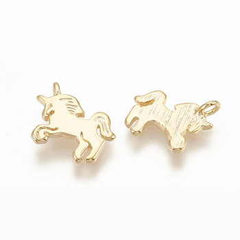 Brass Charms, Unicorn, Nickel Free, Real 18K Gold Plated, 12x10x1mm, Hole: 1mm